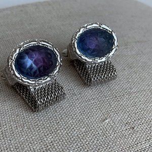 Vintage Art Frosted Glass Oval Silver Tone Mesh Wrap Cuff Links Pair